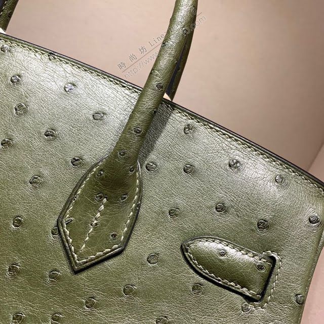 Hermes女包 愛馬仕Birkin30cm Hermes鉑金包 Ostrich鴕鳥皮 全手縫蠟線 67 Vert Fonce深綠色  am1898